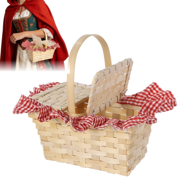 Mini Woven Picnic Hamper, Red Gingham Cloth, 7.9 X 3.5 X 4.3 In Wood Basket With Handle, Removable Lid For Storage, Costume Accessory