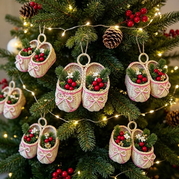 Mini Woven Shoe Christmas Ornament, Hollow Storage Space Smooth Anti Scratch Edges Equipped With Secure Hanging Loop, Rattan Pendant Decor for Xmas Tree Mantel Shop Window Display