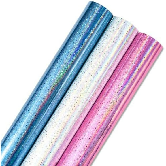 Mini Wrapping Paper Roll, Metallic Holographic Star Gift Wrap for Birthday, Valentines, Mothers day, Graduation, Wedding, Fathers day, Baby Shower, Christmas (17 Inch x 120 Inch - 3 Rolls)