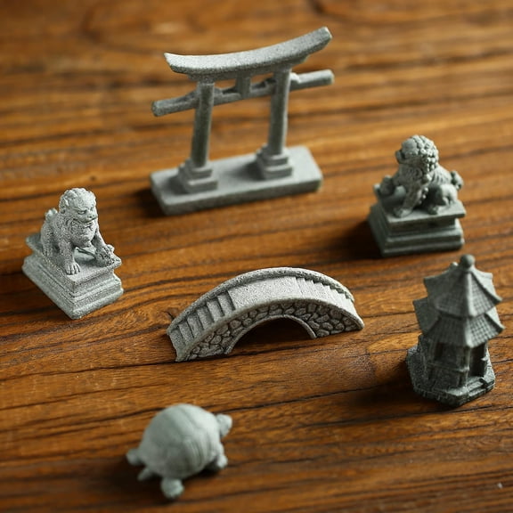 Mini Zen Garden Accessories, Miniature Garden Bridge Foo Dogs Torii Gate Sandstone Figurines Meditation Zen Decor Japanese Fish Tank Terrarium Bonsai Decorations (Art Deco)