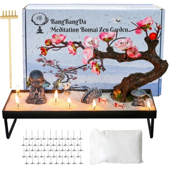 Mini Zen Garden for Desk - Buddha Bonsai Wax Sand Garden Kit Beautiful Japanese Decor Gift Set for Home, Office Desk Zen Sand Tray Therapy Desktop Meditation Room Accessories