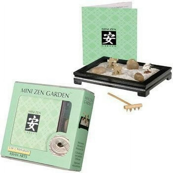 Mini Zen Garden wooden zen tray  white sand river rocks and three ceramic figurines.