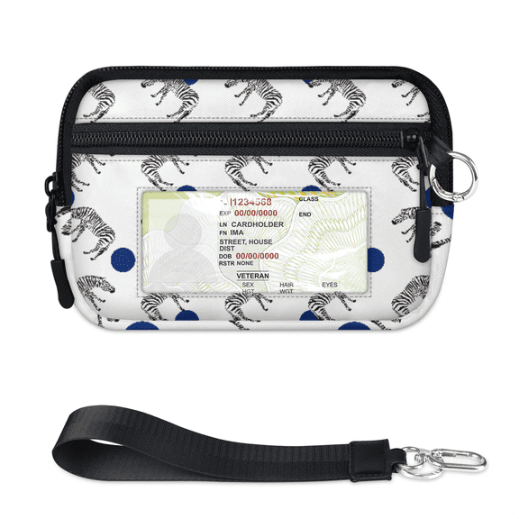 Mini Zip Card Case with ID Window, Wristlet and Keychain Wallet for Women,Keychain Card Holder Case Zipper Slim Zebra Pattern (White)