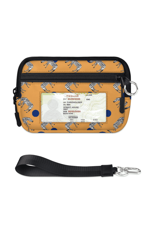 Mini Zip Card Case with ID Window, Wristlet and Keychain Wallet for Women,Keychain Card Holder Case Zipper Slim Zebra Pattern (Yellow)