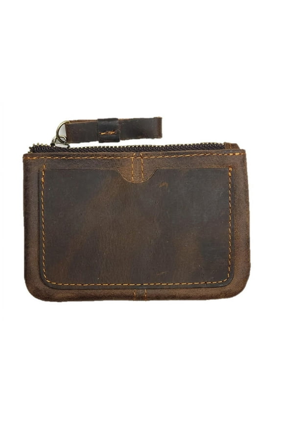 Mini Zipped Pouch Wallet with Top Grain Genuine Cow Leather, Retro Vintage Style Coin Purse Pouch Card Holder - Pouch ONLY