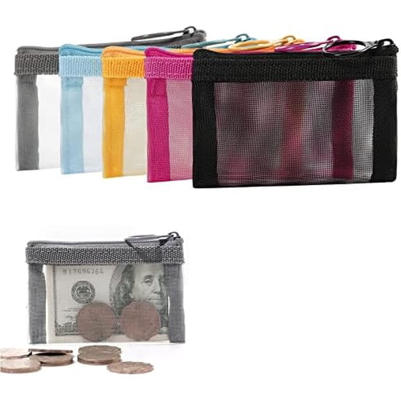Mini Zipper Mesh Bags, 3" x 4", Size XS / A8, 5 count, Pouch Key Holder, Purse, Clear Travel Kit Small Item Organizer, Assorted Colors