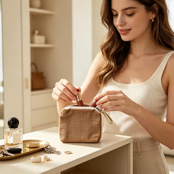 Mini Zipper Pouch, Weave Textured Bag, Portable Storage Pouch, Soft Breathable Fabric and Compact Travel Size for Lipsticks, Earphones, and Small Daily Items.