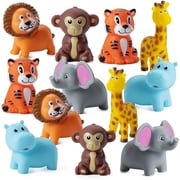 Mini Zoo Animals Bath Toys - Pack of 12 Vinyl Rubber Jungle Safari Animal Figures, Squeezable Bath Tub Toys for Kids, Baby Shower, Birthday Party Supplies, Favors, Cake Decor, Table Decorations