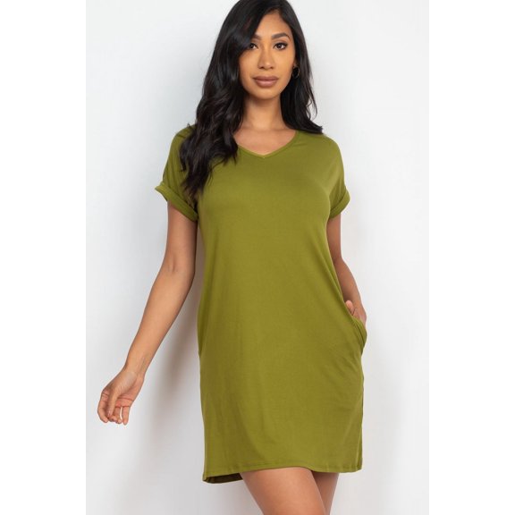 Mini dress with cap sleeves and pockets.