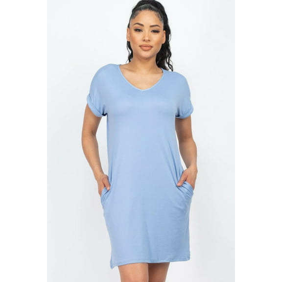 Mini dress with cap sleeves and pockets.