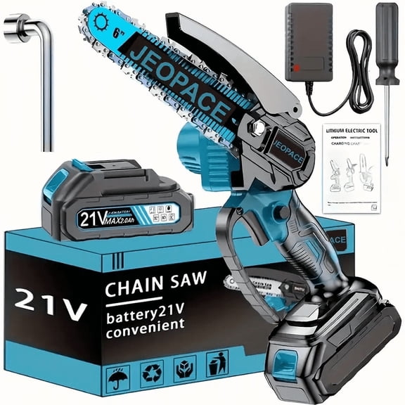 Mini electric saw, cordless, lightweight, portable, handheld electric tree cutter with splash guard, safety lock, rechargeable battery, and safety trimmer for quickly