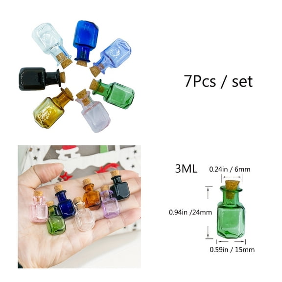 Mini glass colorful bottles, rectangular cute bottles with cork stoppers, small gift jars, small bottles in a mix of 7 colors