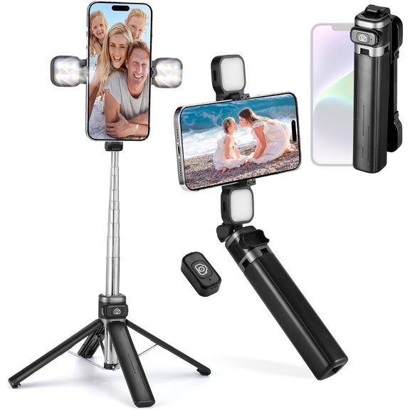 Mini iPhone Tripod Stand & Selfie Stick with Wireless Remote & Removable Light, Extendable Stand 360 Rotation Compatible with iPhone & Android Samsung (Black)