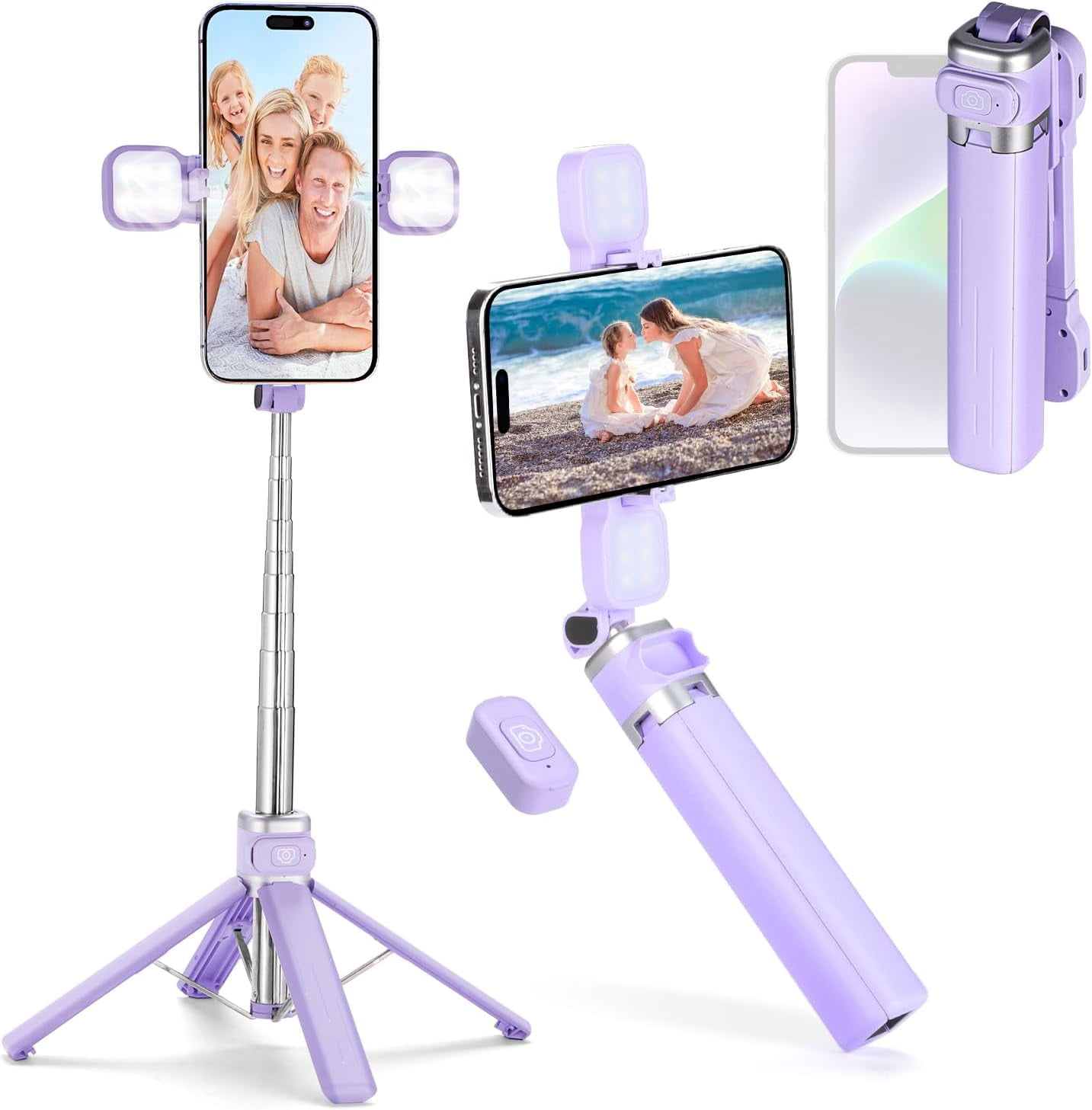 Mini iPhone Tripod Stand & Selfie Stick with Wireless Remote & Removable Light, Extendable Stand 360 Rotation Compatible with iPhone & Android Samsung (Purple)
