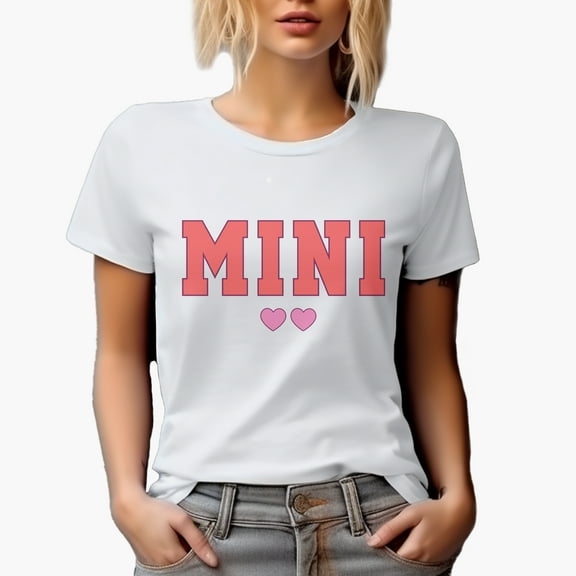 Mini in College or Varsity Font with Hearts, Mother-To-Daughter or Mother's Day Merch Gift, White T-Shirt, 3XL