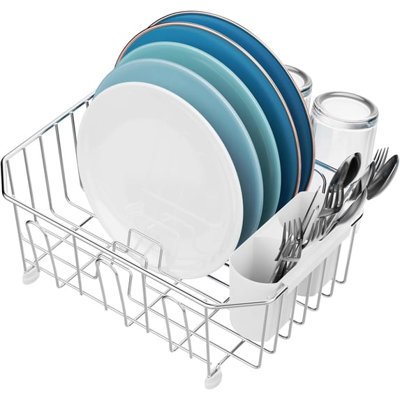 Mini in Sink Dish Drying Rack - Stainless Steel Small Dish Drainer for RV Kitchen Apartment Sink, 9.5" W x 13.4" L, White Utensil Holder
