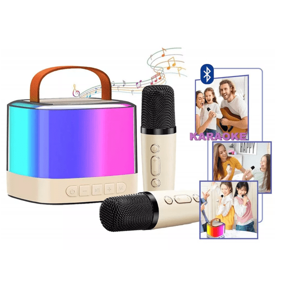 Mini karaoke machine, Bluetooth 5.3 speaker, equipped with 2 Bluetooth wireless microphones, colorful LED disco lights, USB charging, 5 microphone sound effect modes