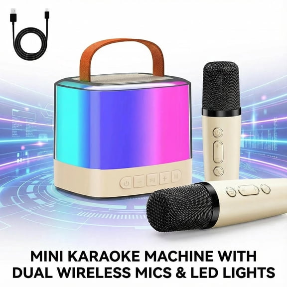 Mini karaoke machine, Bluetooth 5.3 speaker, equipped with 2 Bluetooth wireless microphones, colorful LED disco lights, USB charging, 5 microphone sound effect modes