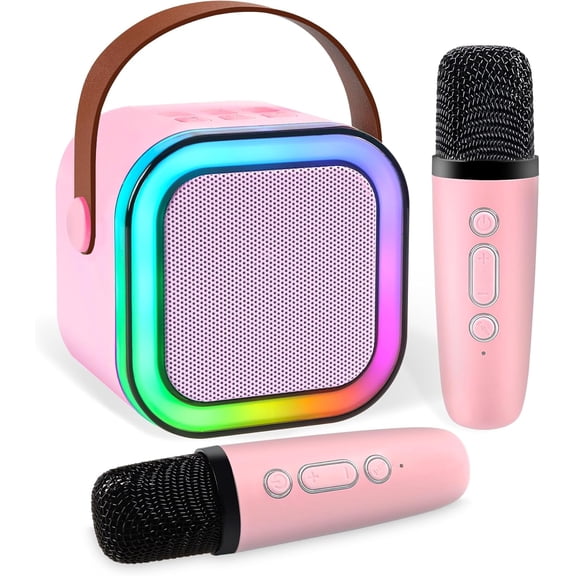 Mini karaoke machine, portable Bluetooth speaker, equipped with 2 wireless microphones, featuring LED lights, supports USB/TF/AUX input, suitable for family gatherings
