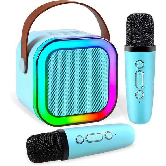 Mini karaoke machine, portable Bluetooth speaker, equipped with 2 wireless microphones, featuring LED lights, supports USB/TF/AUX input, suitable for family gatherings