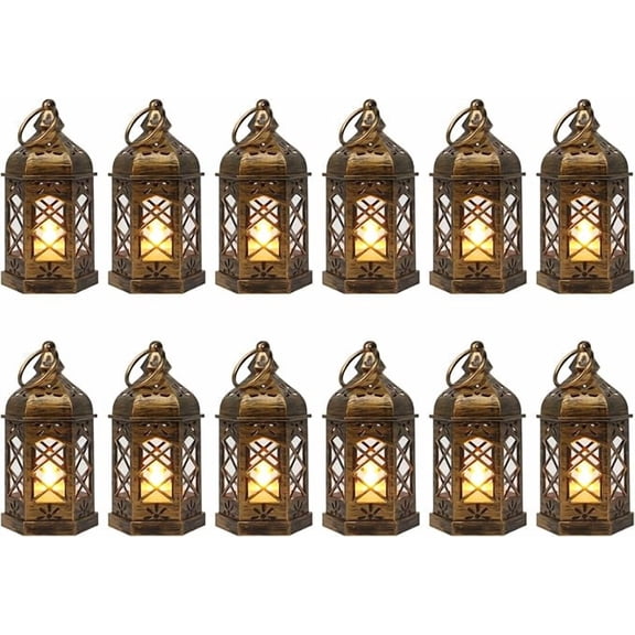 Mini lantern with flashing LED candles, 12 small candle lantern decorations, vintage hanging lantern decorations, Moroccan wedding Christmas decoration lanterns, dining table center decorations