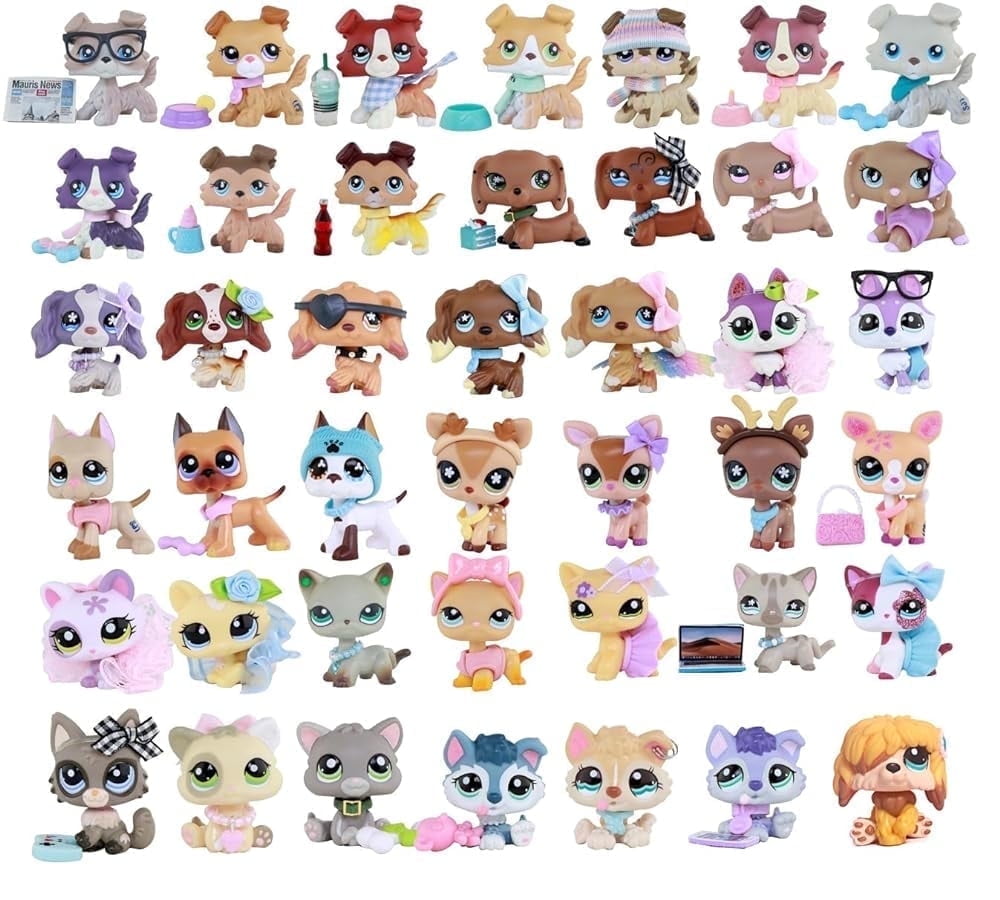 (Random 3pcs Pets) Mini lps shop Toys Great Dane Dog Short Hair Cat Collie Dachshund Cocker Spaniel Kitten & Random 7pcs Accessories Kids Gift