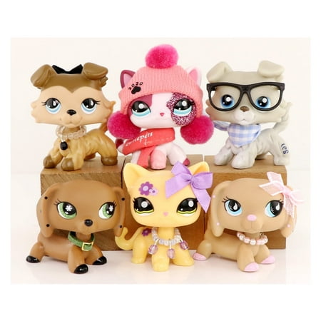 6lot/pcs Mini lps shop Collie 363 893 Dachshund 909 Shorthair Cat 2291 1962 with Accessories Glasses Hat for lps Collection