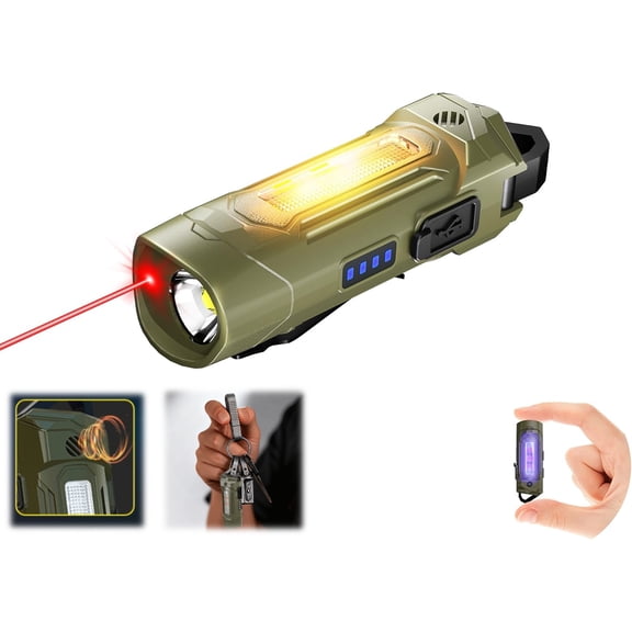 Mini multi-functional strong light flashlight Rechargeable magnetic small flashlight with side light/laser/buzzer alarm Outdoor household emergency lighting(1piece,green)