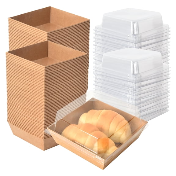 Mini paper deli box with transparent lid, easy to carry, disposable food container, 4-inch dessert box - can hold chocolate strawberries, sandwiches, cookies, cake slices (brown - 50 pieces)