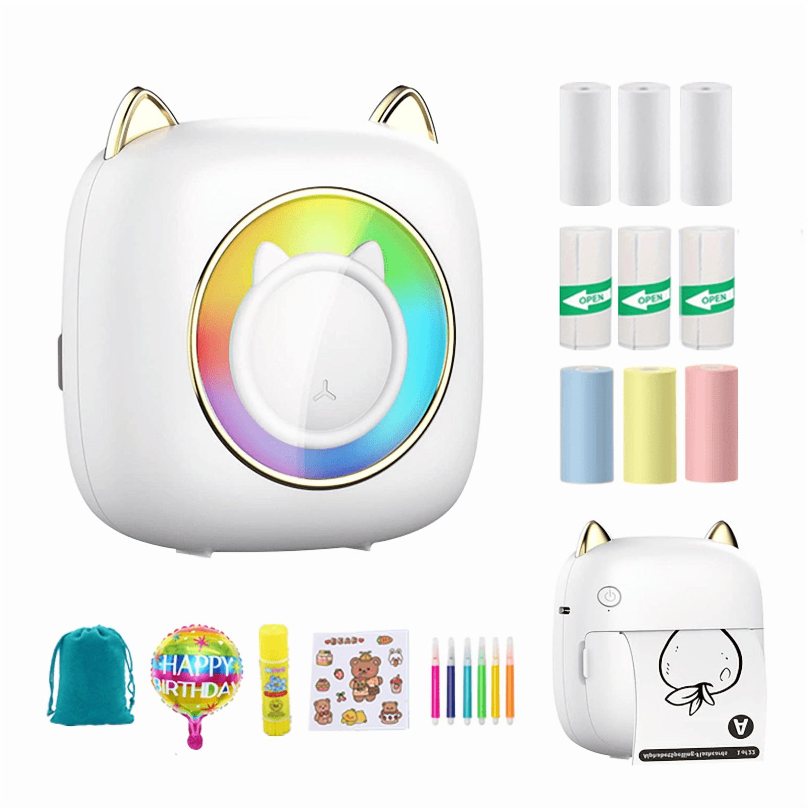 Mini portable thermal printer, ChaoriMall, MP-40, 203 dpi, 3 rolls white thermal paper, 3 Rolls white self-adhesive thermal paper, 3 rolls colored thermal paper, 1 random cartoon stickers, 1 Storag
