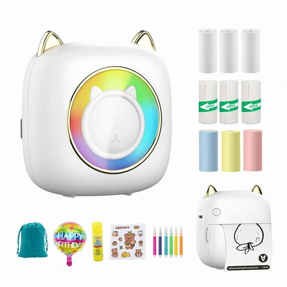 Mini portable thermal printer, ChaoriMall, MP-40, 203 dpi, 3 rolls white thermal paper, 3 Rolls white self-adhesive thermal paper, 3 rolls colored thermal paper, 1 random cartoon stickers, 1 Storag