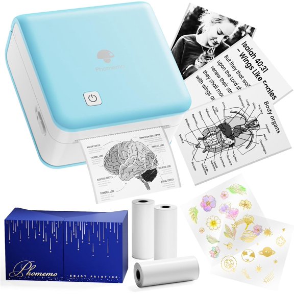 Mini printer sticker maker - mini sticker printer 2, print pod pocket machine Bluetooth thermal label maker, for study notes, photos, lists, diaries, memos, gifts, receipts, 3 rolls, cyan