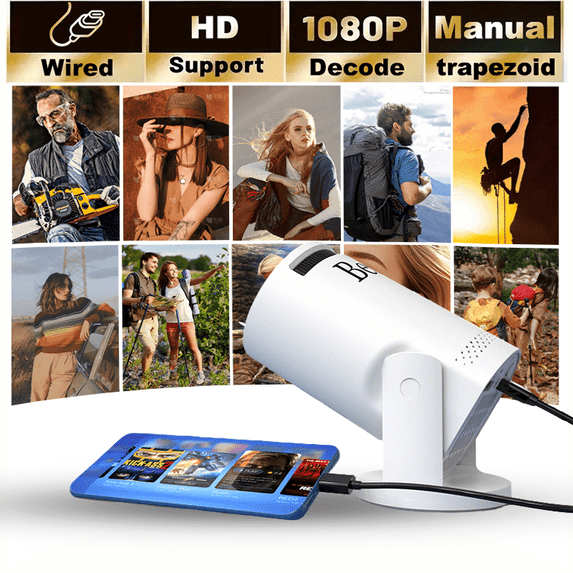 Mini projector, with wired screen sync 4K 1080P portable projector 180° rotation. 17-130" screen video projector. Compatible with smartphones, laptops, PC.(Q5)