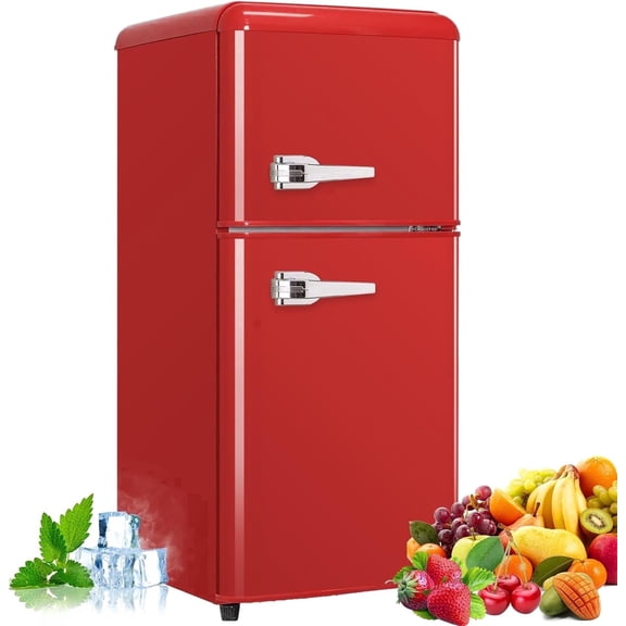 Mini red Fridge With Freezer, 3.5 Cu.Ft Compact 2‑Door Refrigerator, 7‑Level Adjustable Thermostat, Removable Glass Shelves, LED Interior Light for Bedroom, Office, Kitchen, Apartment, Dorm