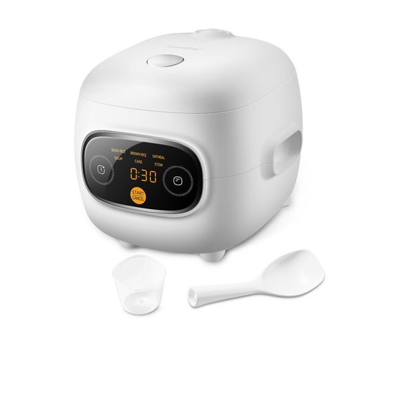 Mini rice cooker 4 cups cooked 2 cups uncooked, portable nonstick rice maker with 24 hour timer delay, 6 cooking functions for brown rice oatmeal soup cake stew, white