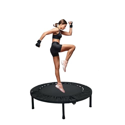 Mini steel indoor trampoline, maximum weight capacity 330 lbs, 40 inches, no handles, one size fits all.