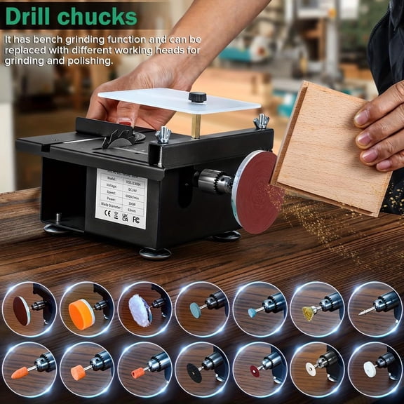 Mini table saw, portable adjustable, cutting, grinding, engraving, drilling, precision manual table saw, 7-level speed adjustment. Includes multiple blades and a