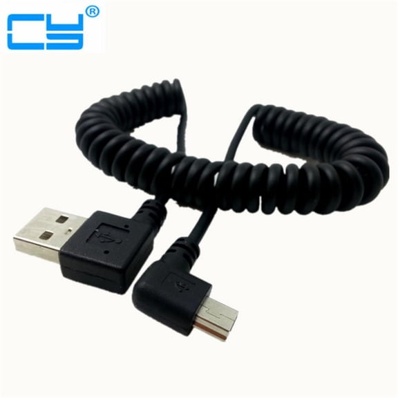 Mini usb male 90 degree right angled to usb male right angled spring Retractable cable sync data charge 1m