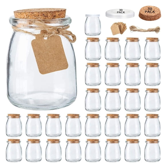 Mini yogurt jars, 30 pieces per pack, 7 oz glass gift jars with cork lids, pudding containers, mason jars, wedding favor honey jars, with tags and string.