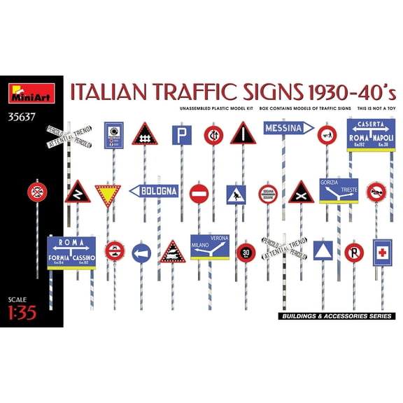 MiniArt MIN35637 1:35-Italian Traffic Signs 1930-40's Scale Model kit, Molded Color