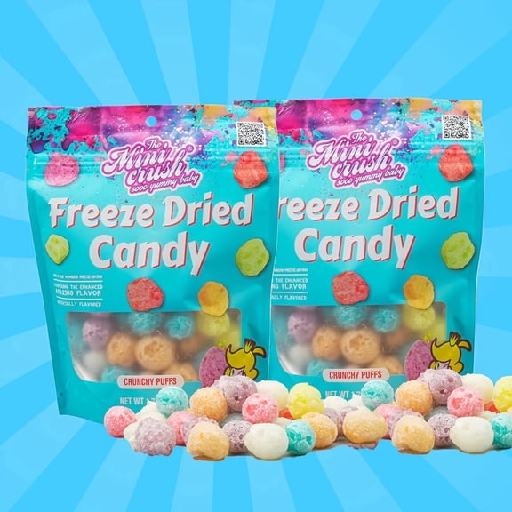 MiniCrush Freeze Dried Mini Puffs Candy, Crunchy Assorted Fruit Flavor Snack, 2 Bags, 1.76 oz (50g) Each, 3.52 oz (100g) Total
