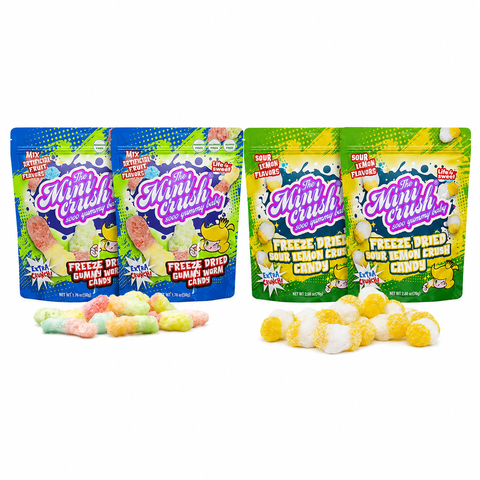 MiniCrush Freeze Dried Gummy Worms & Sour Lemon, Halloween Party Candy, 4 Bags, 8.88 oz