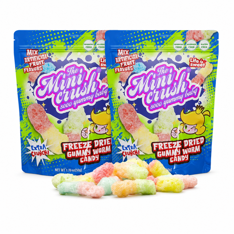 MiniCrush Freeze Dried Gummy Worms, Crunchy Halloween Party Candy, 2 Bags, 3.52 oz