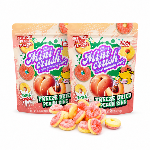 MiniCrush Freeze Dried Peach Rings Candy, Crunchy Halloween Party Candy, 2 Bags, 3.52 oz