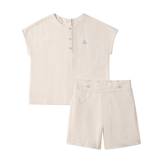 MiniMoi 2 Piece Kids "Set The Sail" 100% Cotton Embroidered Shorts Set, 5 Years, Sea Salt