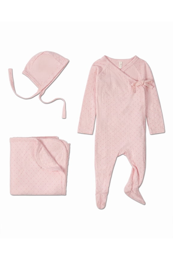 3 Piece Baby Girls "Little Hearts" Pointelle Rayon Blend Footie Set, 6 Months, Pink