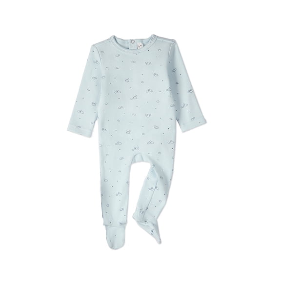 MiniMoi Baby and Toddler Boys "Clouds of Happiness" Cotton Rich Mini-Ribbed Footie, 9 Months, Blue