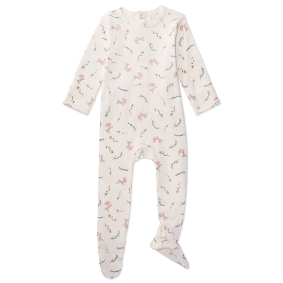 MiniMoi Baby and Toddler Girls Mini-Ribbed 100% Cotton Floral Footie with Foldover Hand Covers, 3 Months, Winter White