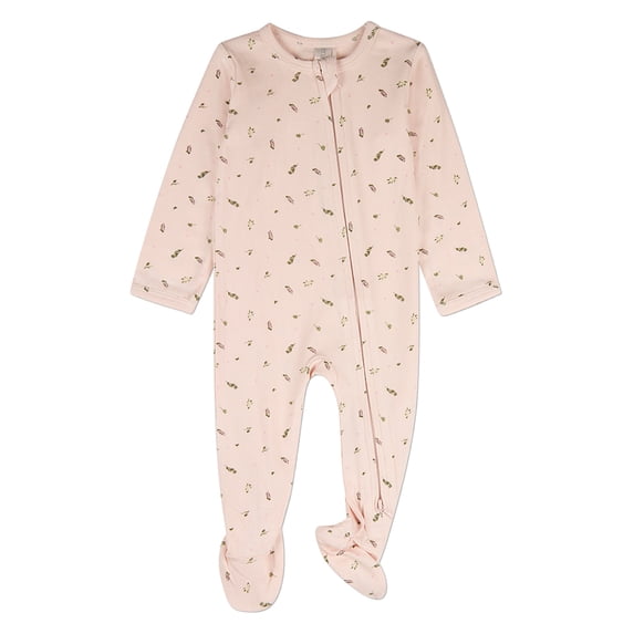 MiniMoi Baby "Tiny Leaves" Rayon-Blend Front-Zip Footie, 6 Months, Barely Pink