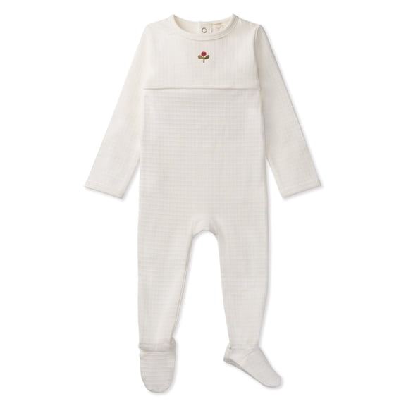 MiniMoi Waffle Footie with Embroidered Flower Bud, 24 Months, Winter White